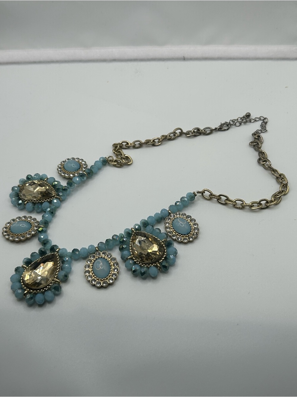 Statement blue champagne necklace teardrop oval cabochons mixed metal ornate - Picture 8 of 9